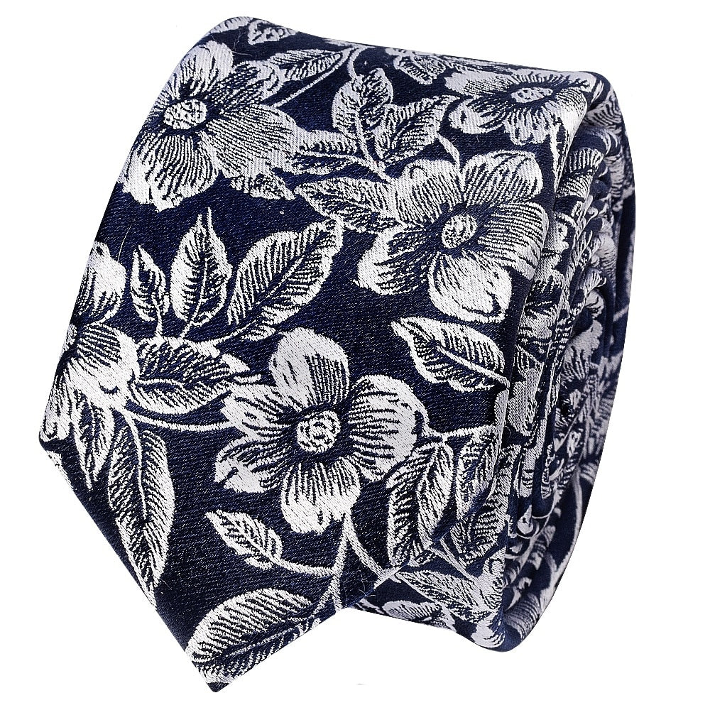 Mens Navy Floral Silk Skinny Tie And Pocket Square 3