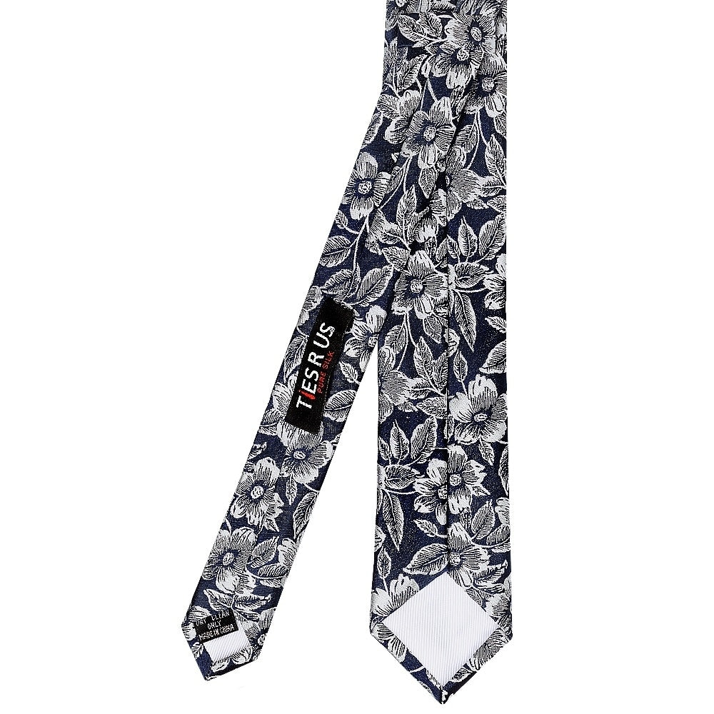 Mens Navy Floral Silk Skinny Tie And Pocket Square 4