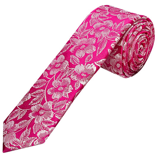 Mens Fuchsia Floral Silk Skinny Tie 1