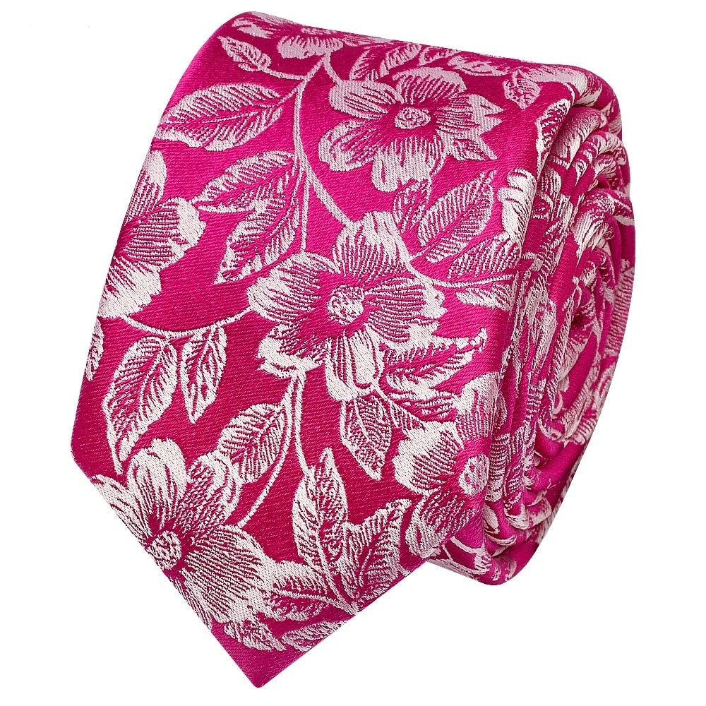 Mens Fuchsia Floral Silk Skinny Tie And Pocket Square 3