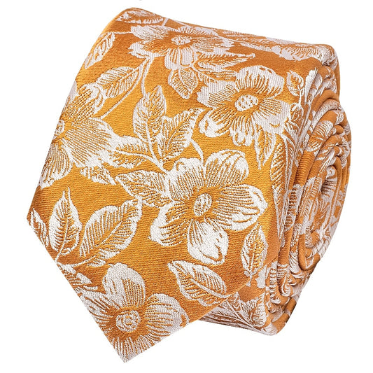 Mens Gold Floral Silk Skinny Tie 2