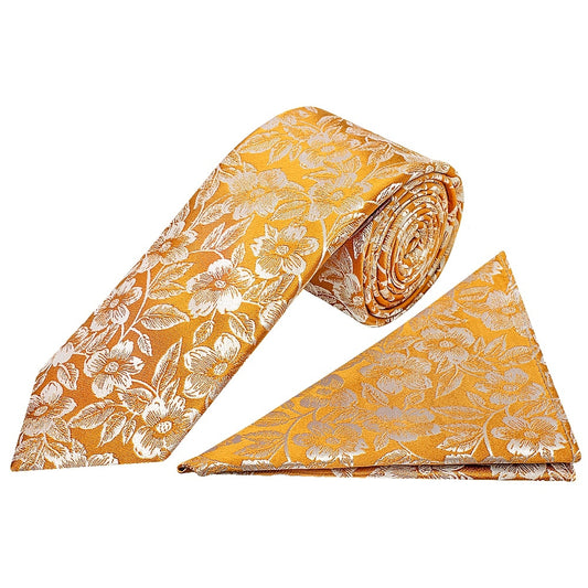 Mens Gold Floral Silk Classic Tie And Pocket Square 1