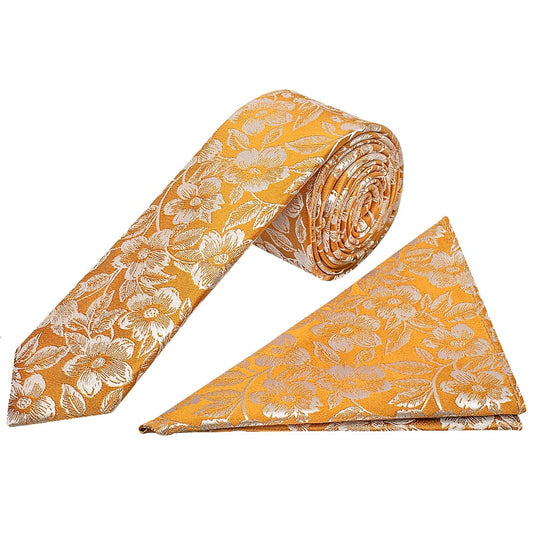 Mens Gold Floral Silk Skinny Tie And Pocket Square 1