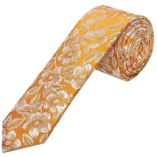 Mens Gold Floral Silk Skinny Tie And Pocket Square 2