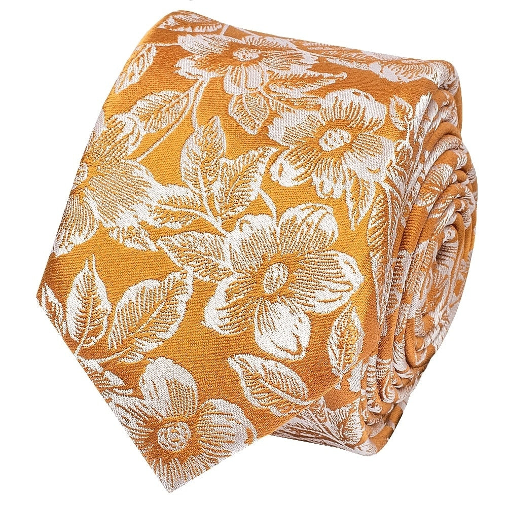 Mens Gold Floral Silk Skinny Tie And Pocket Square 3