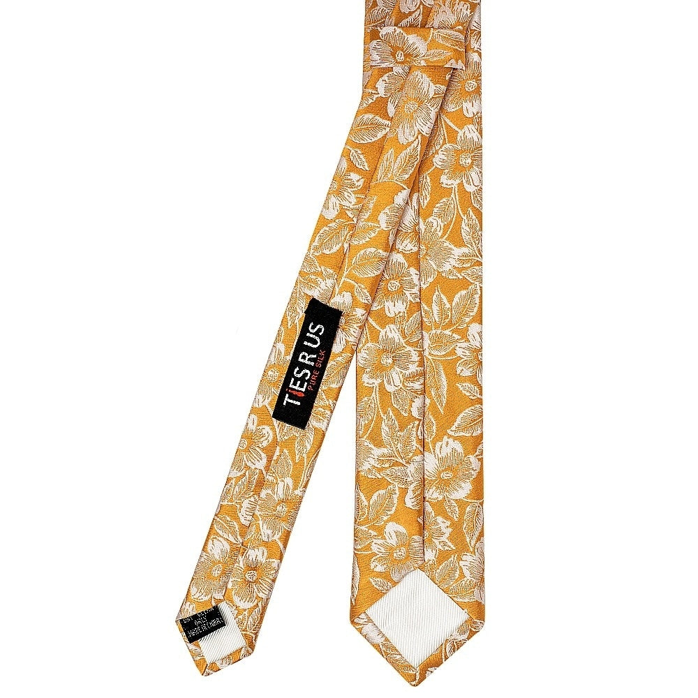 Mens Gold Floral Silk Skinny Tie And Pocket Square 4