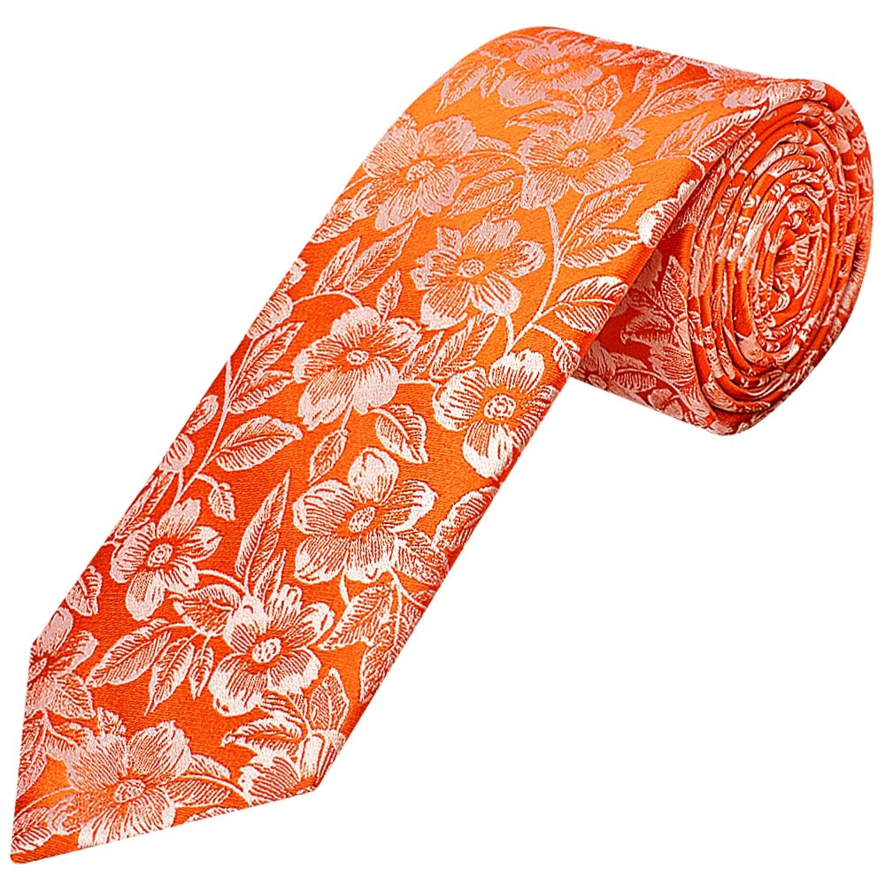 Mens Orange Floral Silk Classic Tie 1