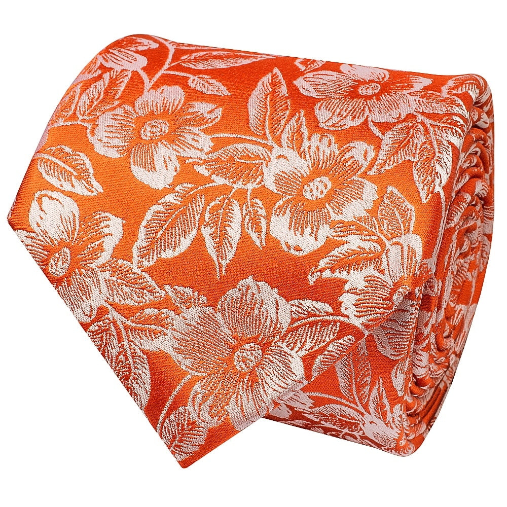 Mens Orange Floral Silk Classic Tie 2