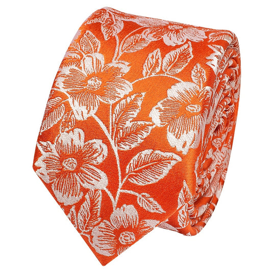 Mens Orange Floral Silk Skinny Tie 2