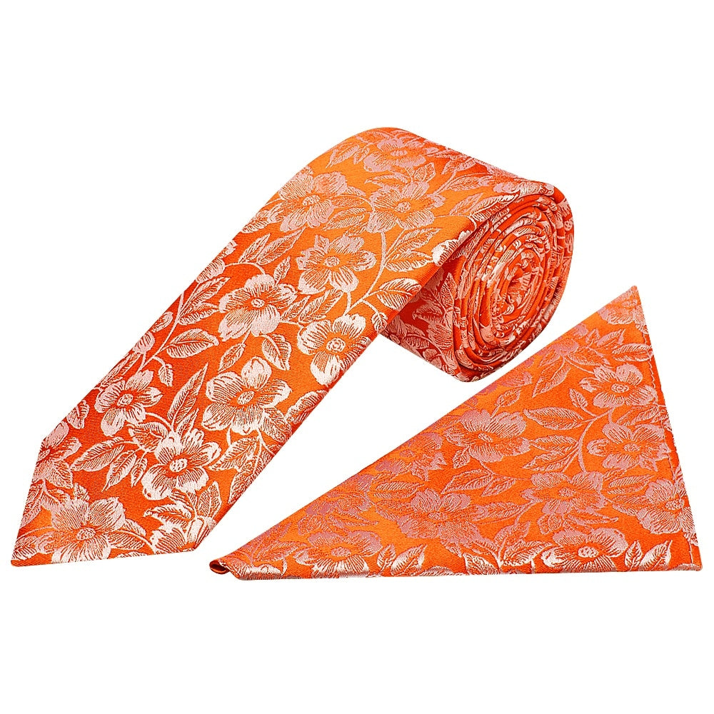 Mens Orange Floral Silk Classic Tie And Pocket Square 1
