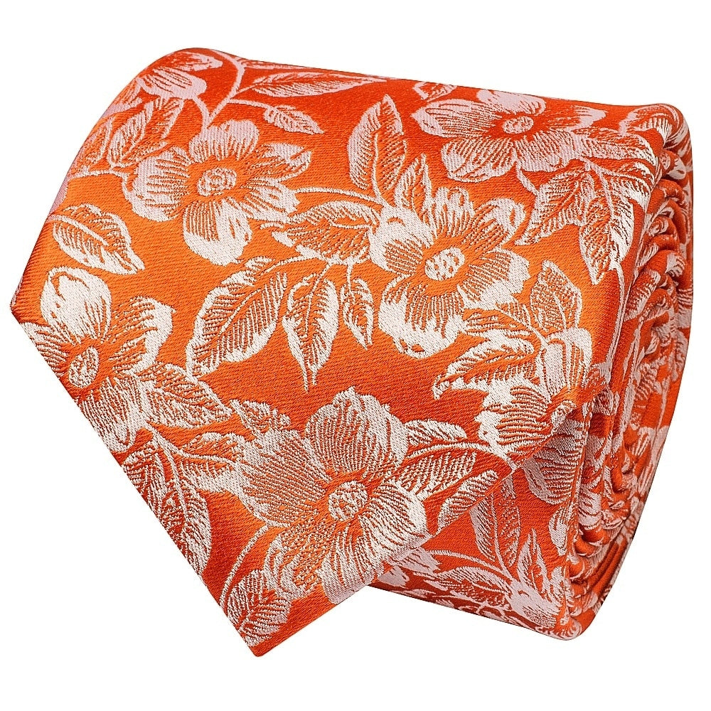 Mens Orange Floral Silk Classic Tie And Pocket Square 3