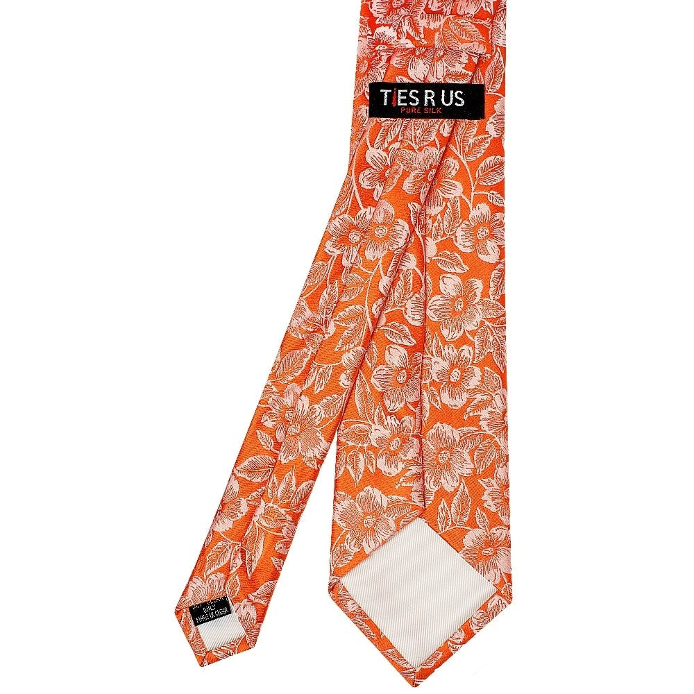 Mens Orange Floral Silk Classic Tie And Pocket Square 4