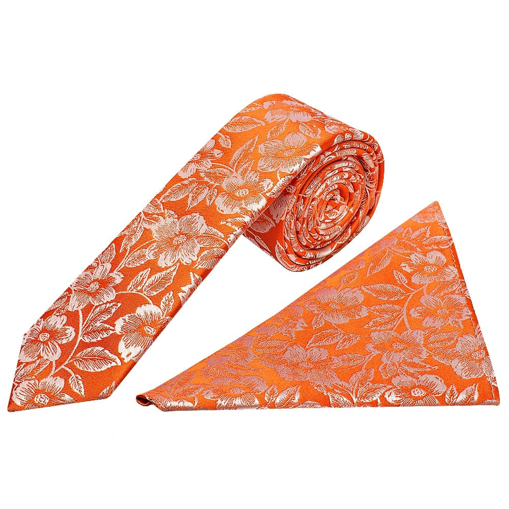 Mens Orange Floral Silk Skinny Tie And Pocket Square 1