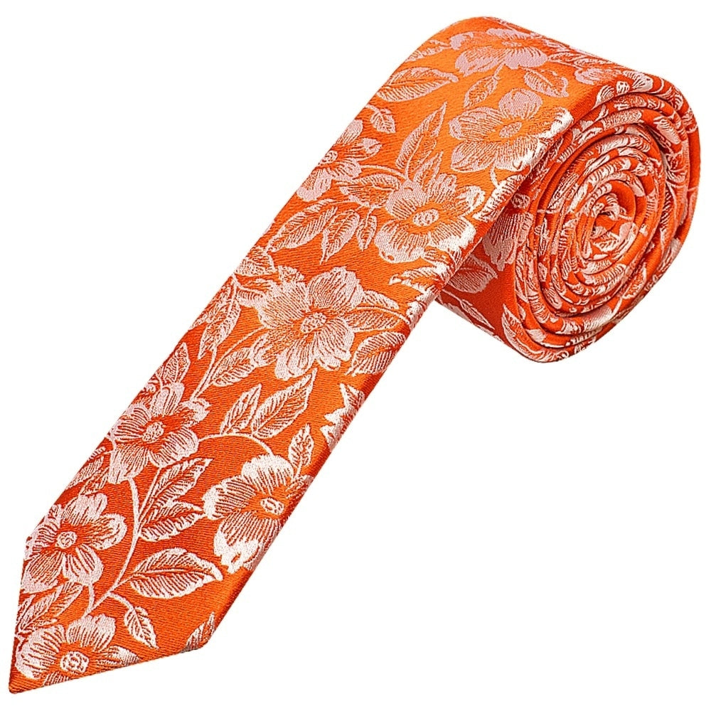 Mens Orange Floral Silk Skinny Tie And Pocket Square 2
