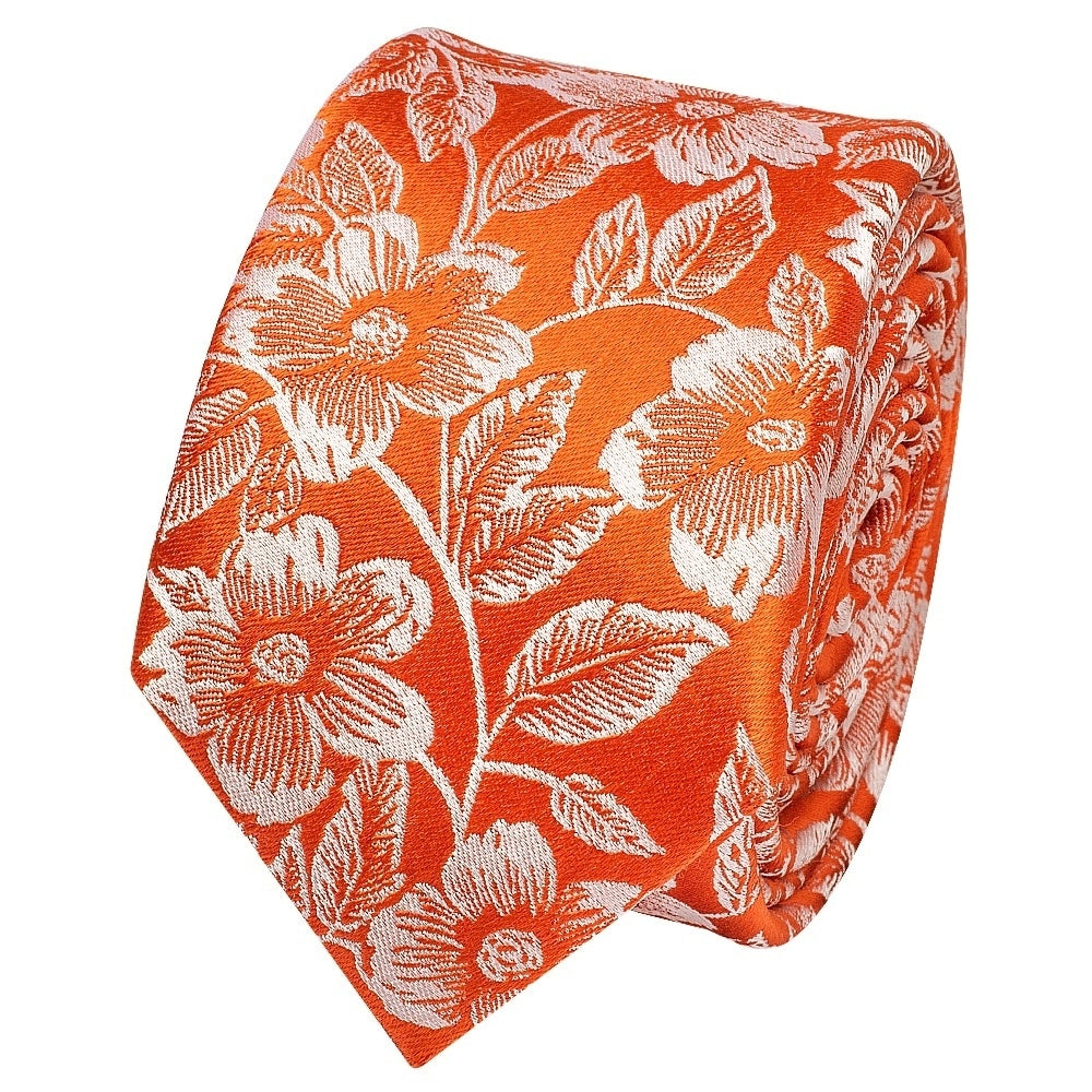 Mens Orange Floral Silk Skinny Tie And Pocket Square 3
