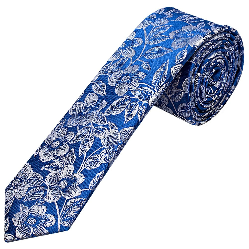 Mens Royal Blue Floral Silk Skinny Tie 1
