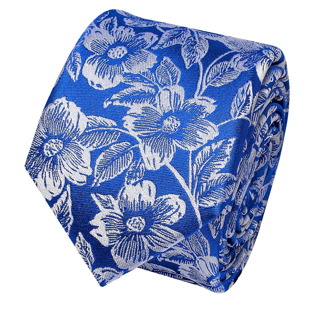 Mens Royal Blue Floral Silk Skinny Tie 2