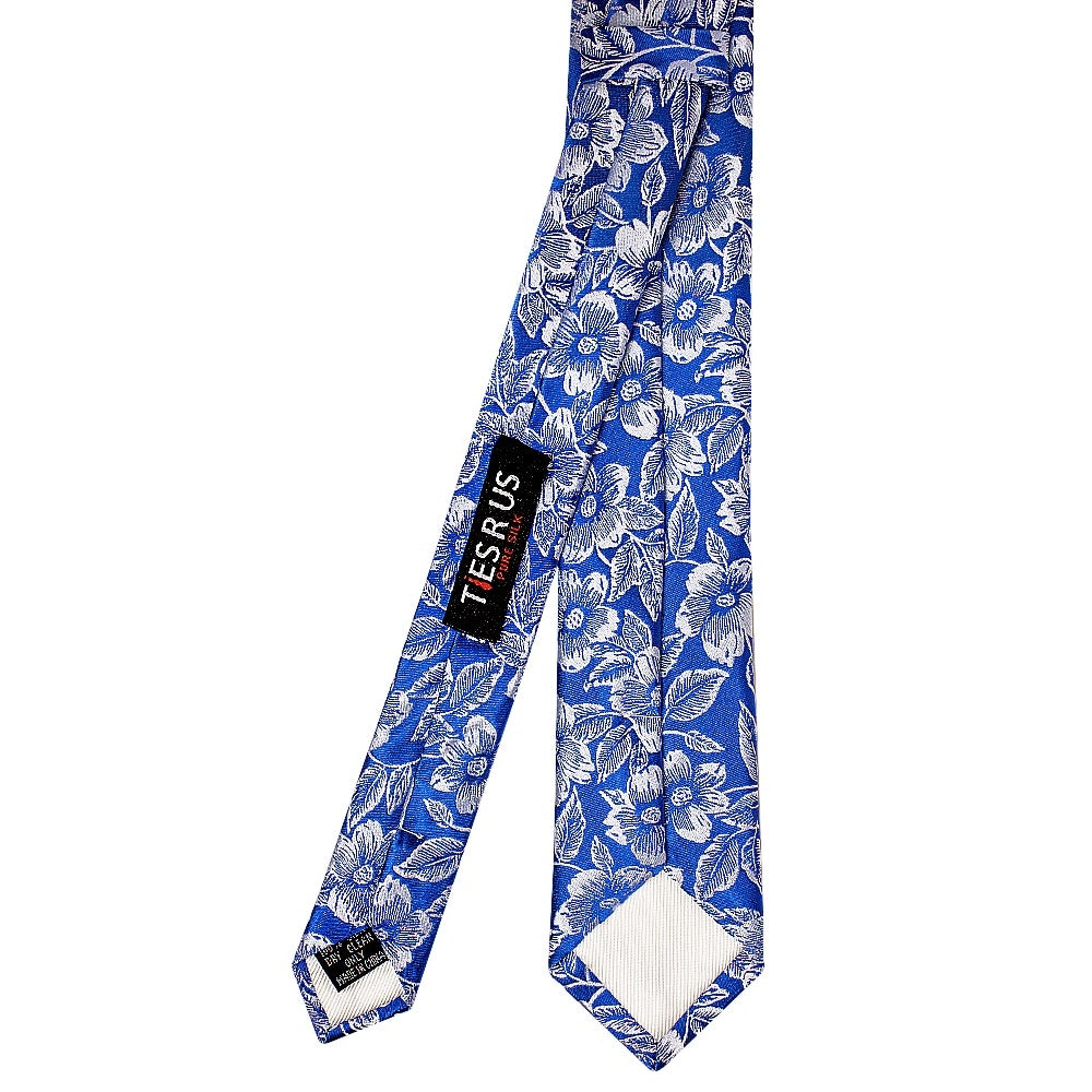 Mens Royal Blue Floral Silk Skinny Tie 3