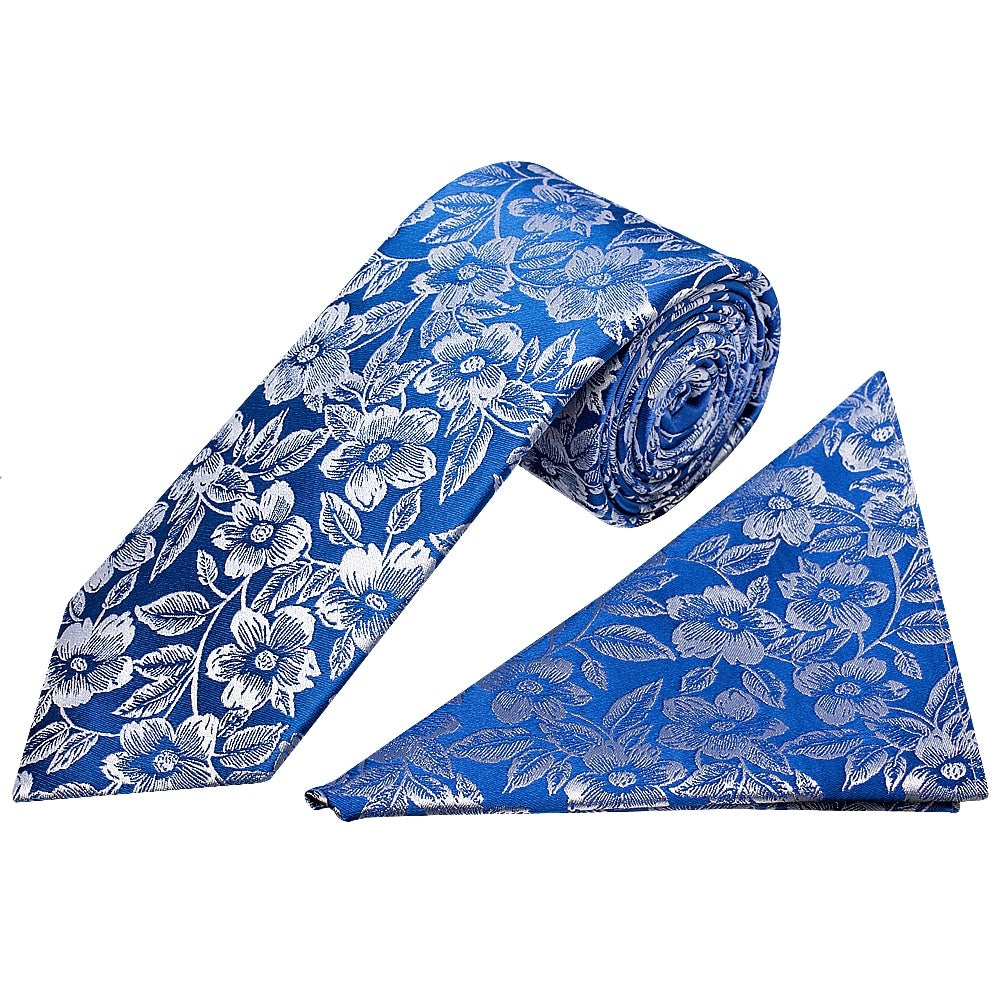 Mens Royal Blue Floral Silk Classic Tie And Pocket Square 1
