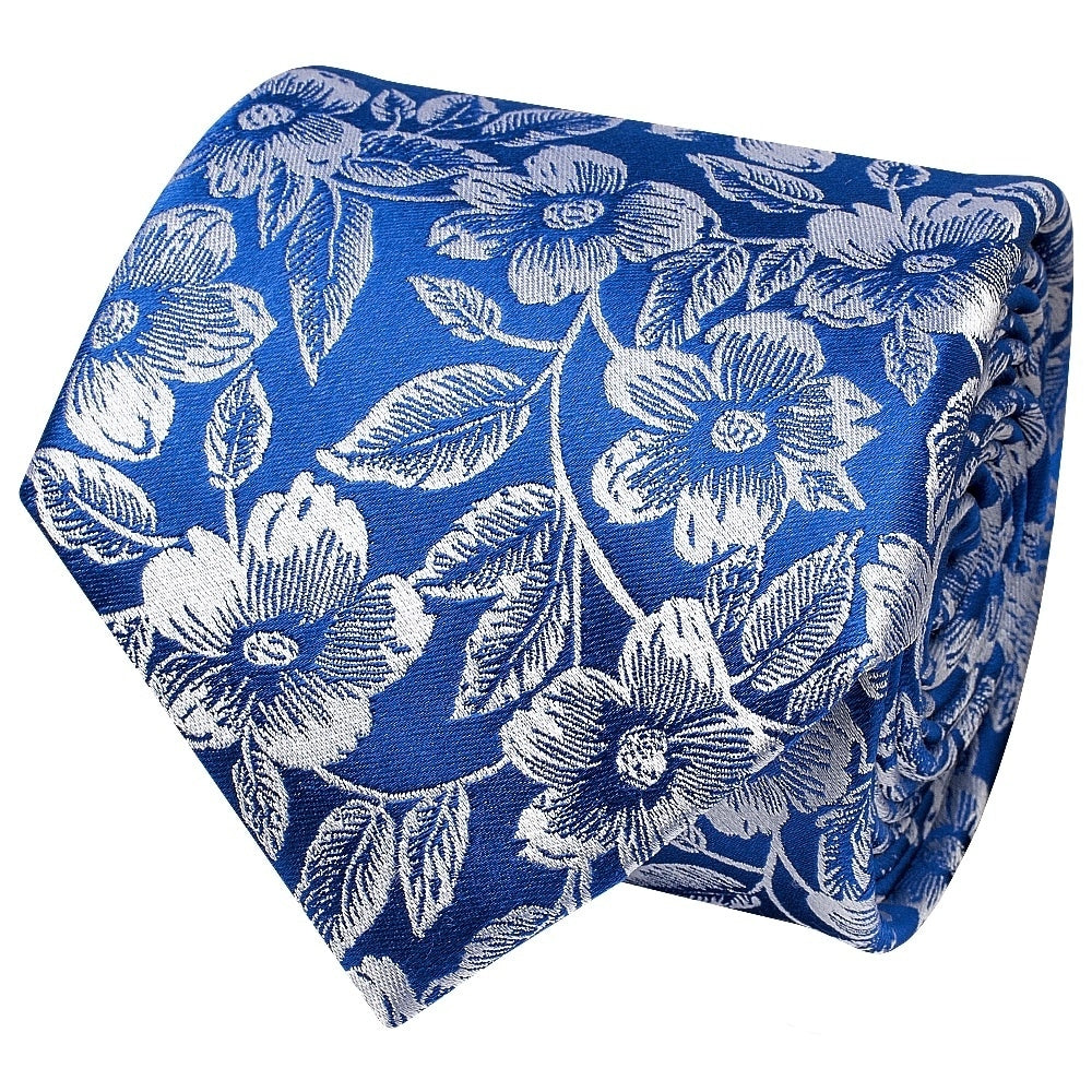 Mens Royal Blue Floral Silk Classic Tie And Pocket Square 3