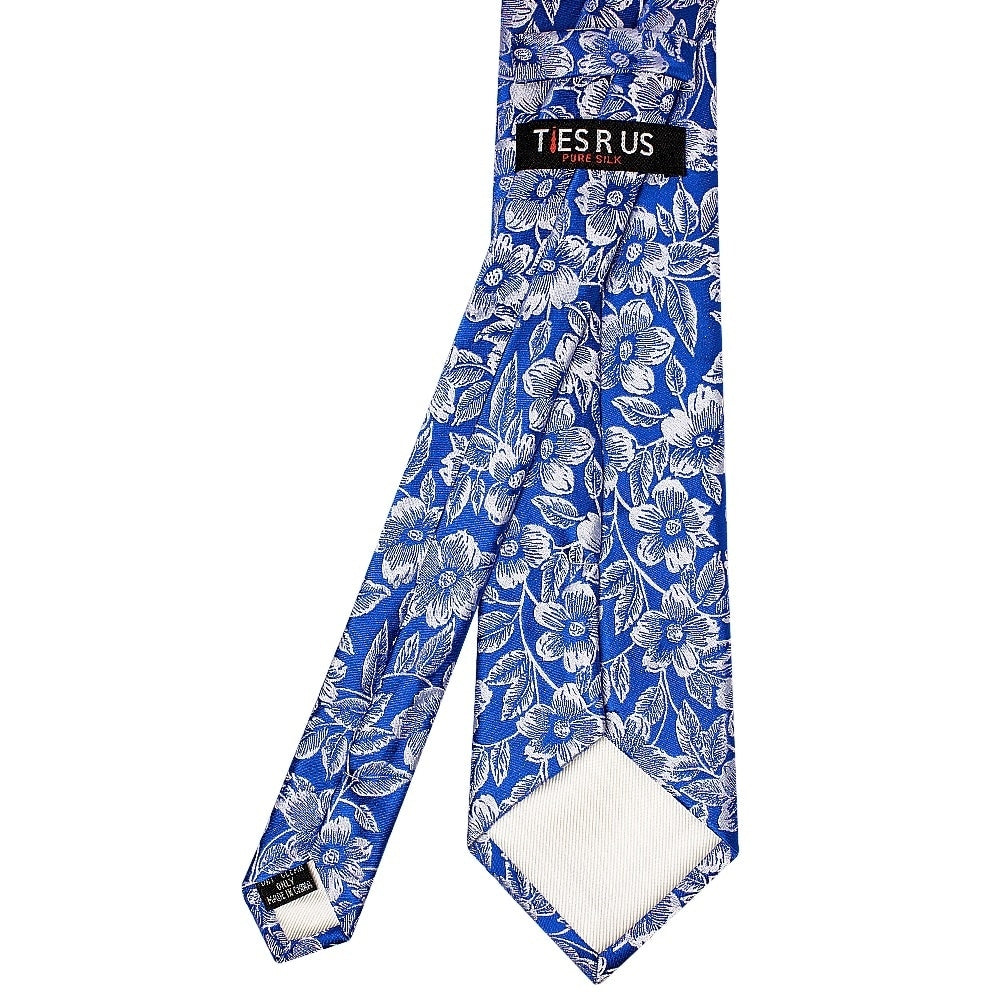 Mens Royal Blue Floral Silk Classic Tie And Pocket Square 4