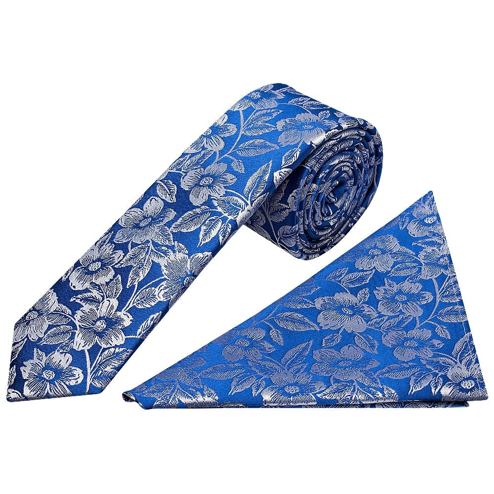 Mens Royal Blue Floral Silk Skinny Tie And Pocket Square 1