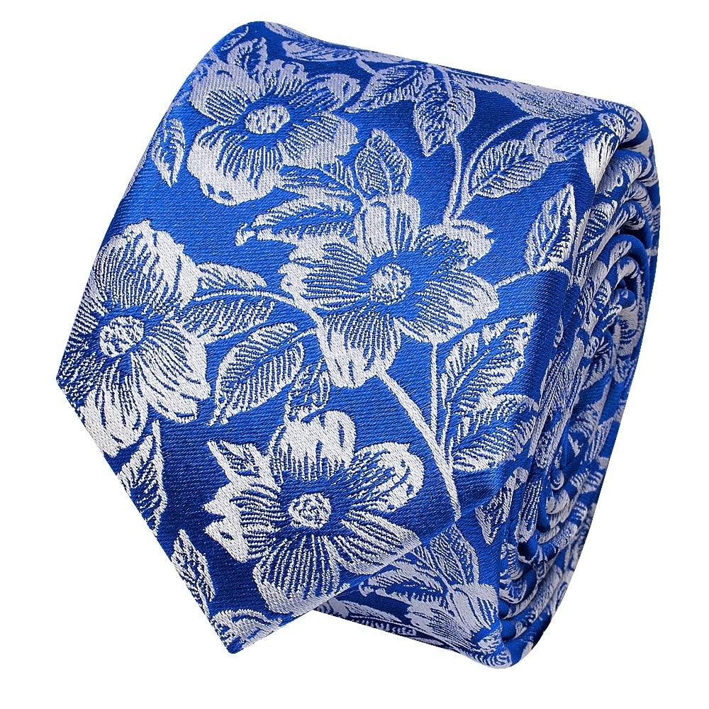 Mens Royal Blue Floral Silk Skinny Tie And Pocket Square 3