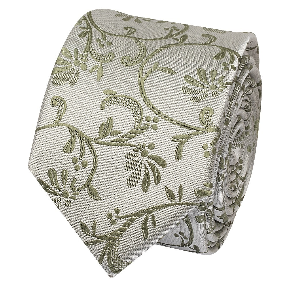 Dusty Sage Floral Skinny Mens Tie 2