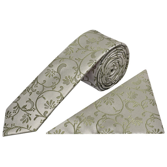 Dusty Sage Floral Skinny Mens Tie And Pocket Square Set 1