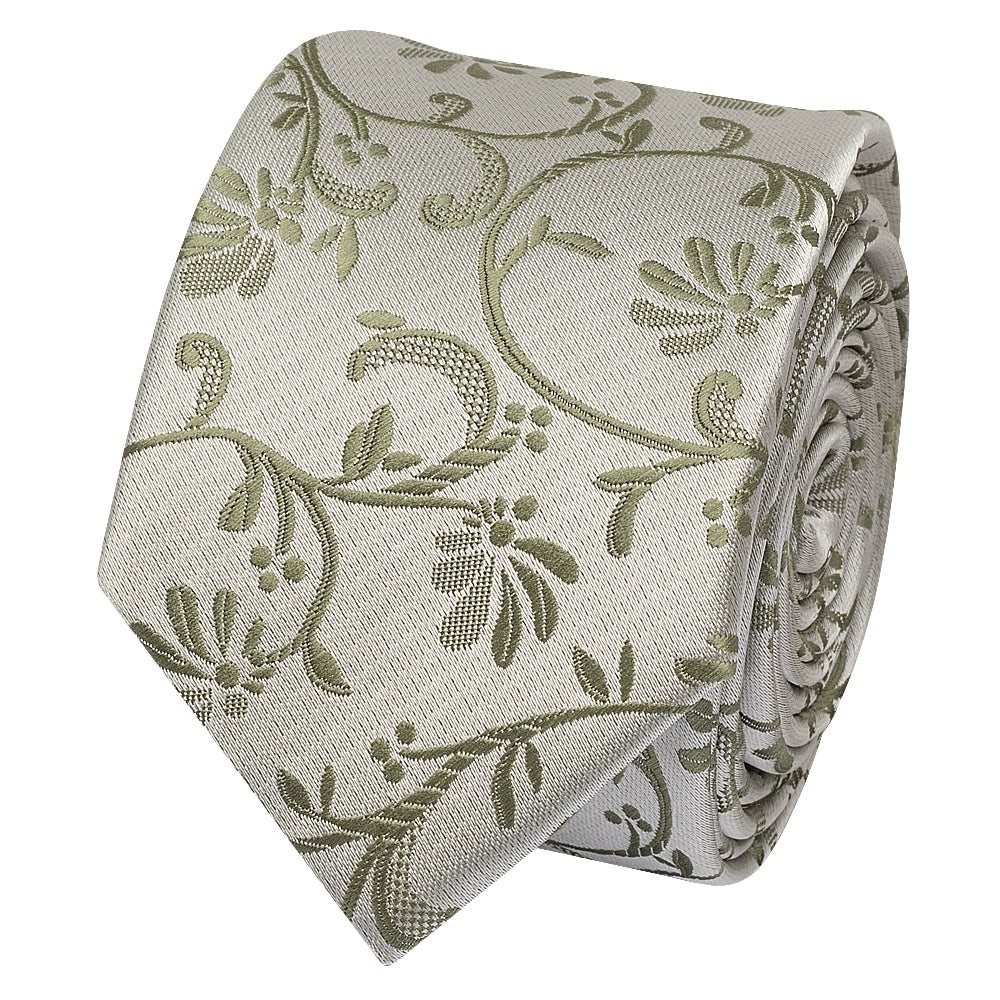 Dusty Sage Floral Skinny Mens Tie And Pocket Square Set 3