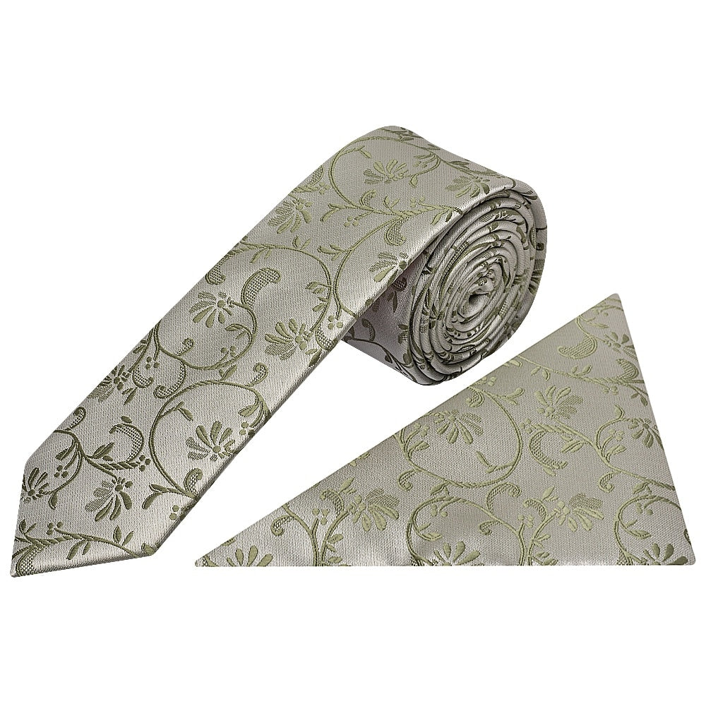 Dusty Sage Floral Skinny Boys Tie And Pocket Square Set 1