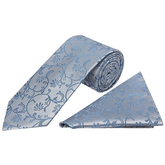 Dusty Blue Floral Classic Mens Tie And Pocket Square Set 1