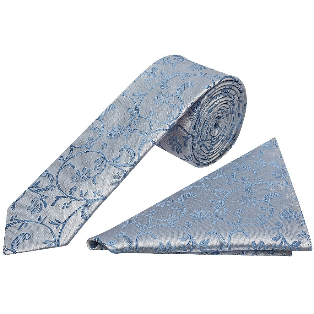 Dusty Blue Floral Skinny Mens Tie And Pocket Square Set 1