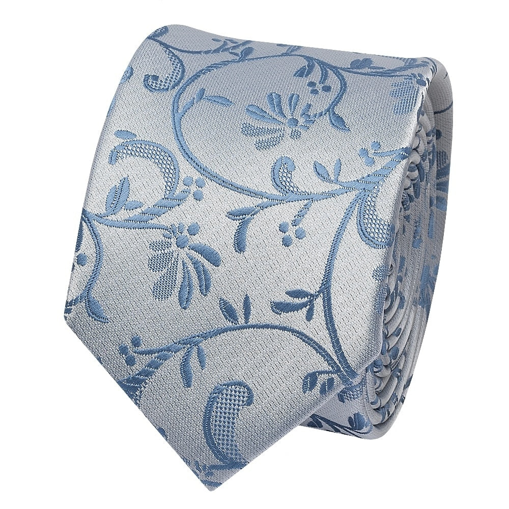 Dusty Blue Floral Skinny Mens Tie And Pocket Square Set 3