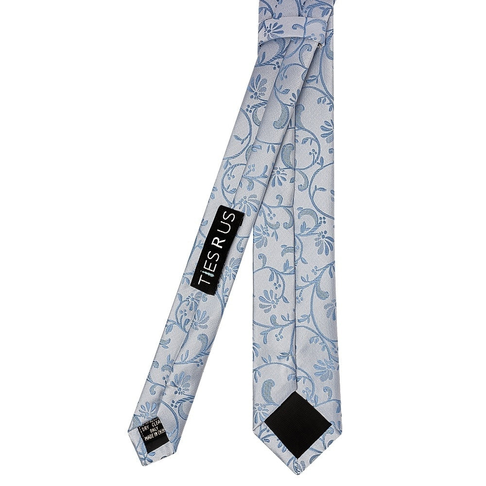 Dusty Blue Floral Skinny Mens Tie And Pocket Square Set 4