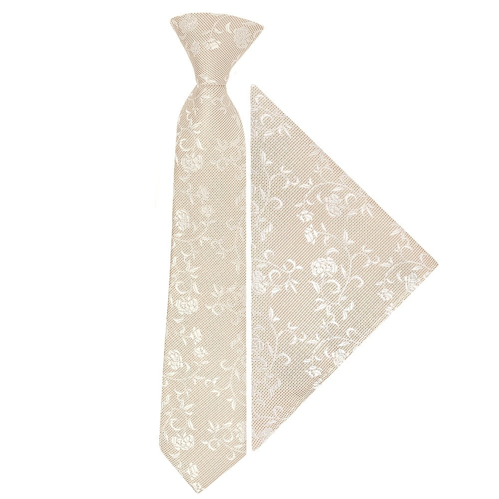 Pre Tied Champagne And White Floral Boys Tie And Pocket Square Set Age 4 7 1