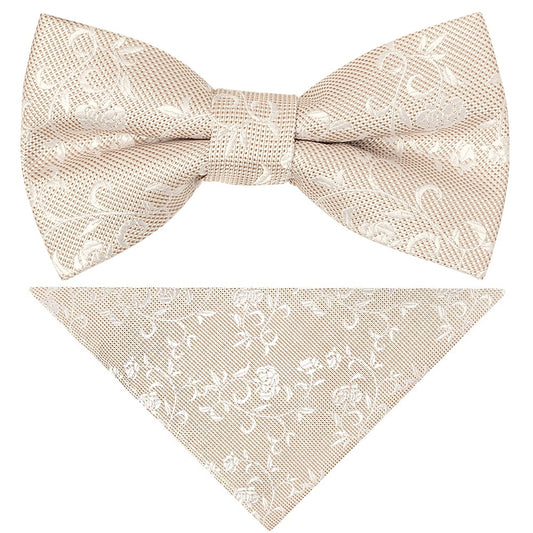 Pre Tied Champagne And White Floral Boys Bow Tie And Pocket Square Set Age 4 7 1