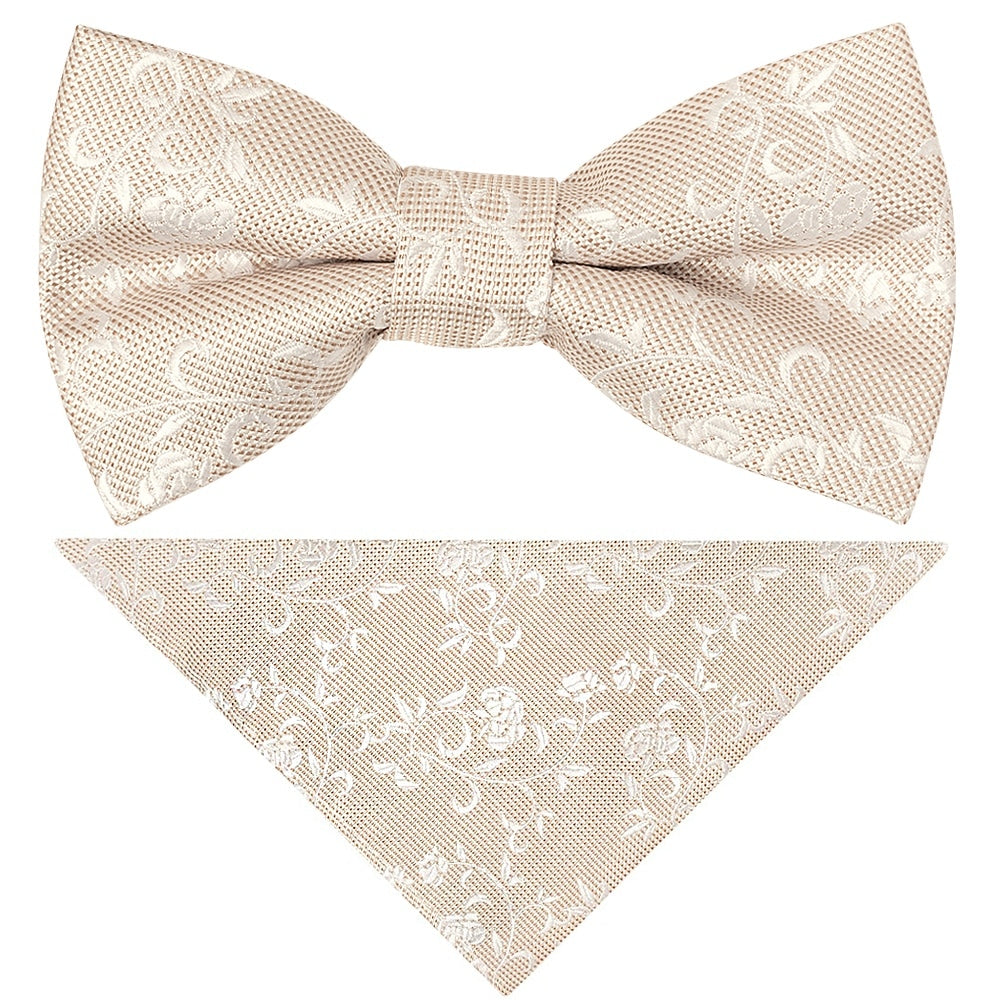 Pre Tied Champagne And White Floral Boys Bow Tie And Pocket Square Set 1
