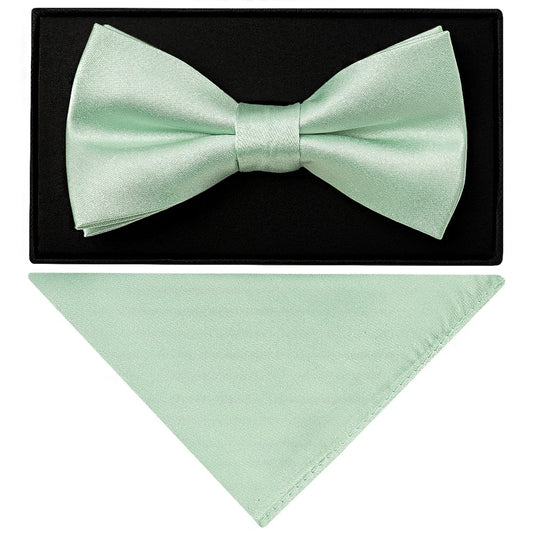 Plain Moss Green Satin Silk Mens Bow Tie And Pocket Square Set 1