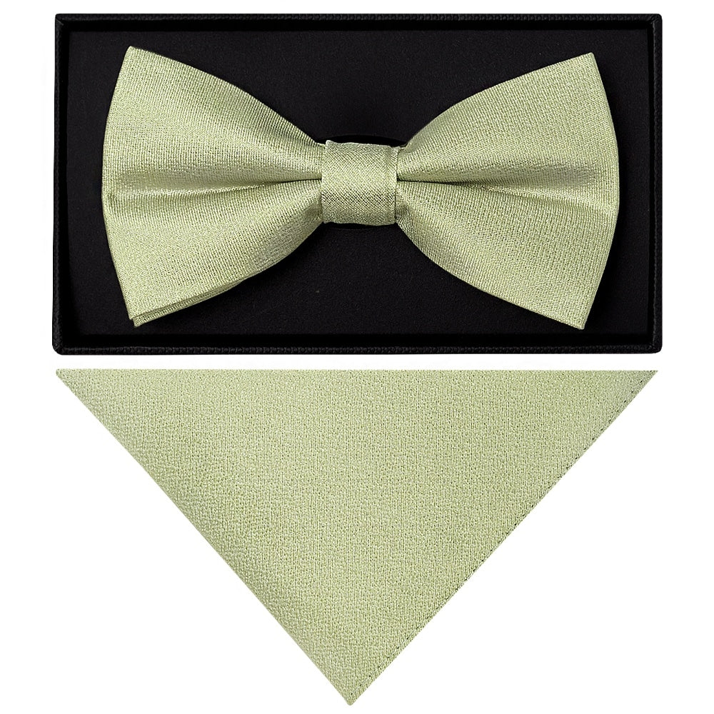 Plain Sage Green Silk Mens Bow Tie And Pocket Square Set 1