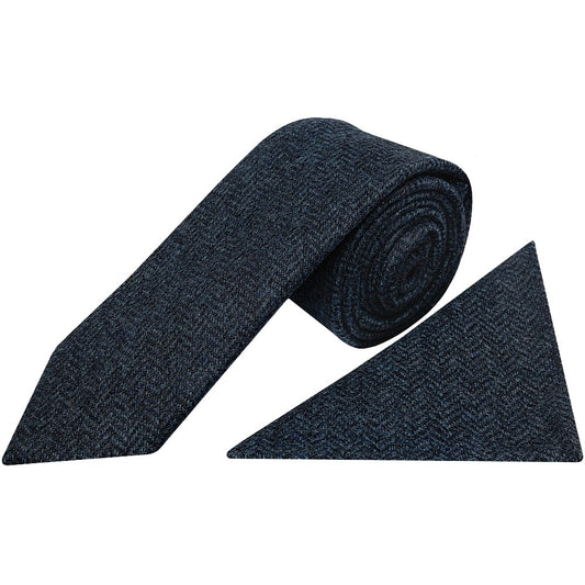 Mens Blue Herringbone Classic Tie And Pocket Square Set 1