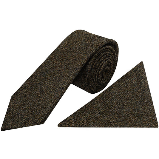Mens Green Herringbone Classic Tie And Pocket Square Set 1