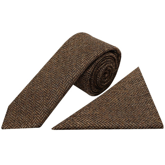 Mens Brown Herringbone Classic Tie and Pocket Square Set