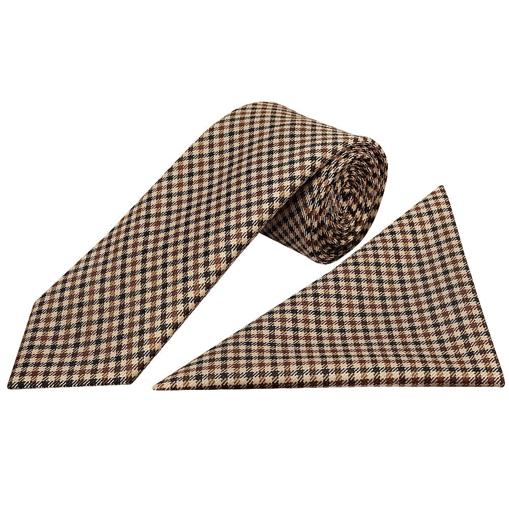 Mens Brown Gingham Classic Tie And Pocket Square Set 1