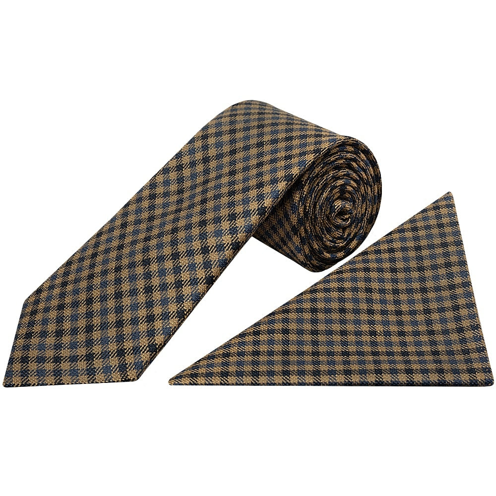 Mens Blue Gingham Classic Tie And Pocket Square Set 1