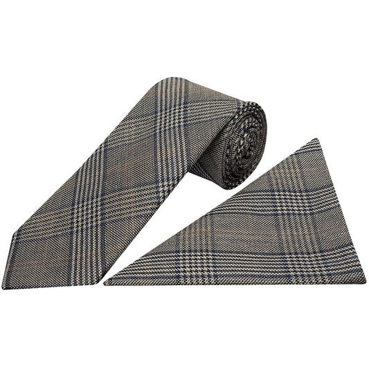 Mens Grey Prince Of Wales Classic Tie And Pocket Square Set 1