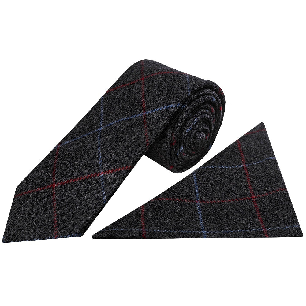 Mens Navy Check Classic Tie And Pocket Square Set 1
