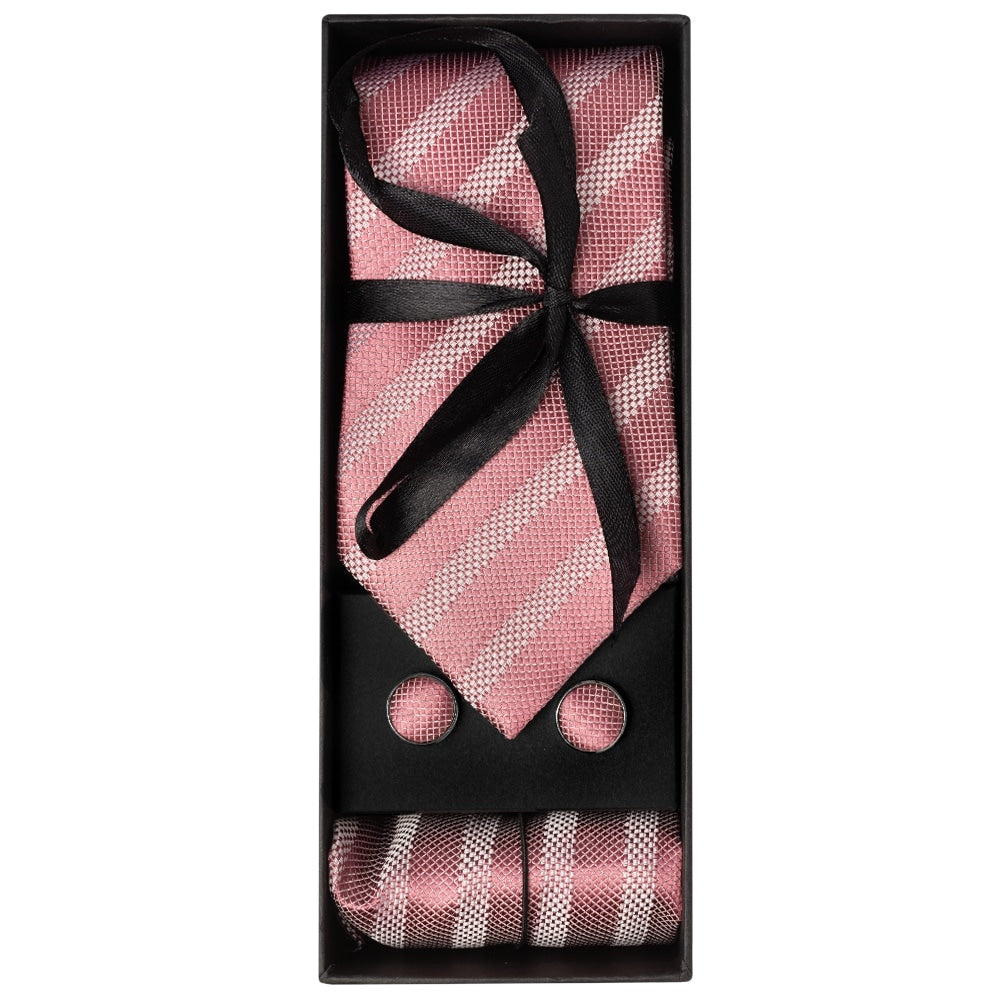 Mens Dusty Pink Textured Stripe Silk Classic Tie Pocket Square And Cufflinks Box Set 1