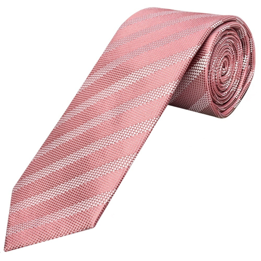 Mens Dusty Pink Textured Stripe Silk Classic Tie Pocket Square And Cufflinks Box Set 3