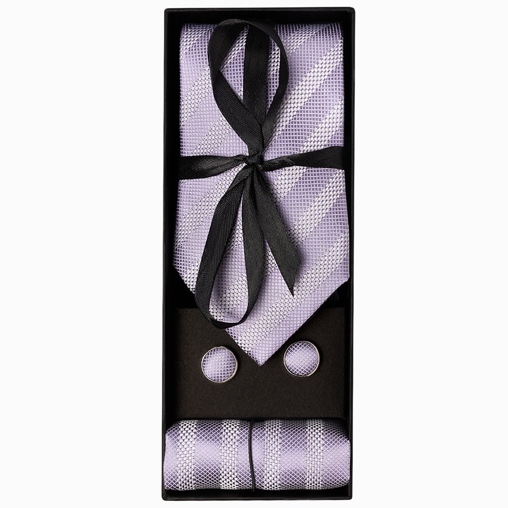 Mens Lilac Textured Stripe Silk Classic Tie Pocket Square And Cufflinks Box Set 1